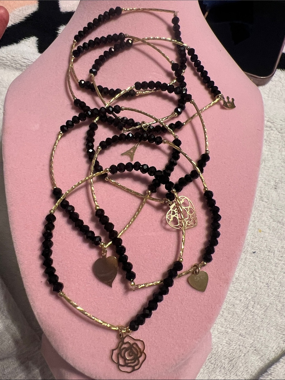 Gold & Black Beaded Heart Pendant Bracelet - Women Jewelry